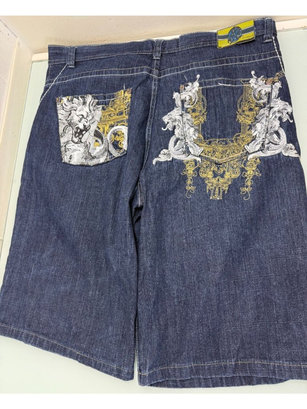 Vintage Y2K Evolution Denim Shorts Mens 42 Lion Embroidered Baggy Jorts Skater